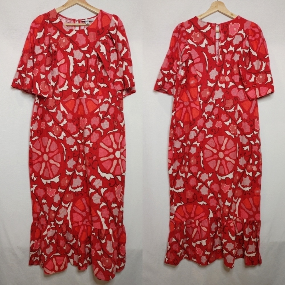 Rhode‎ x Target Red Pink Zinnia Floral Print Bell Flutter Sleeve Midi Linen 16